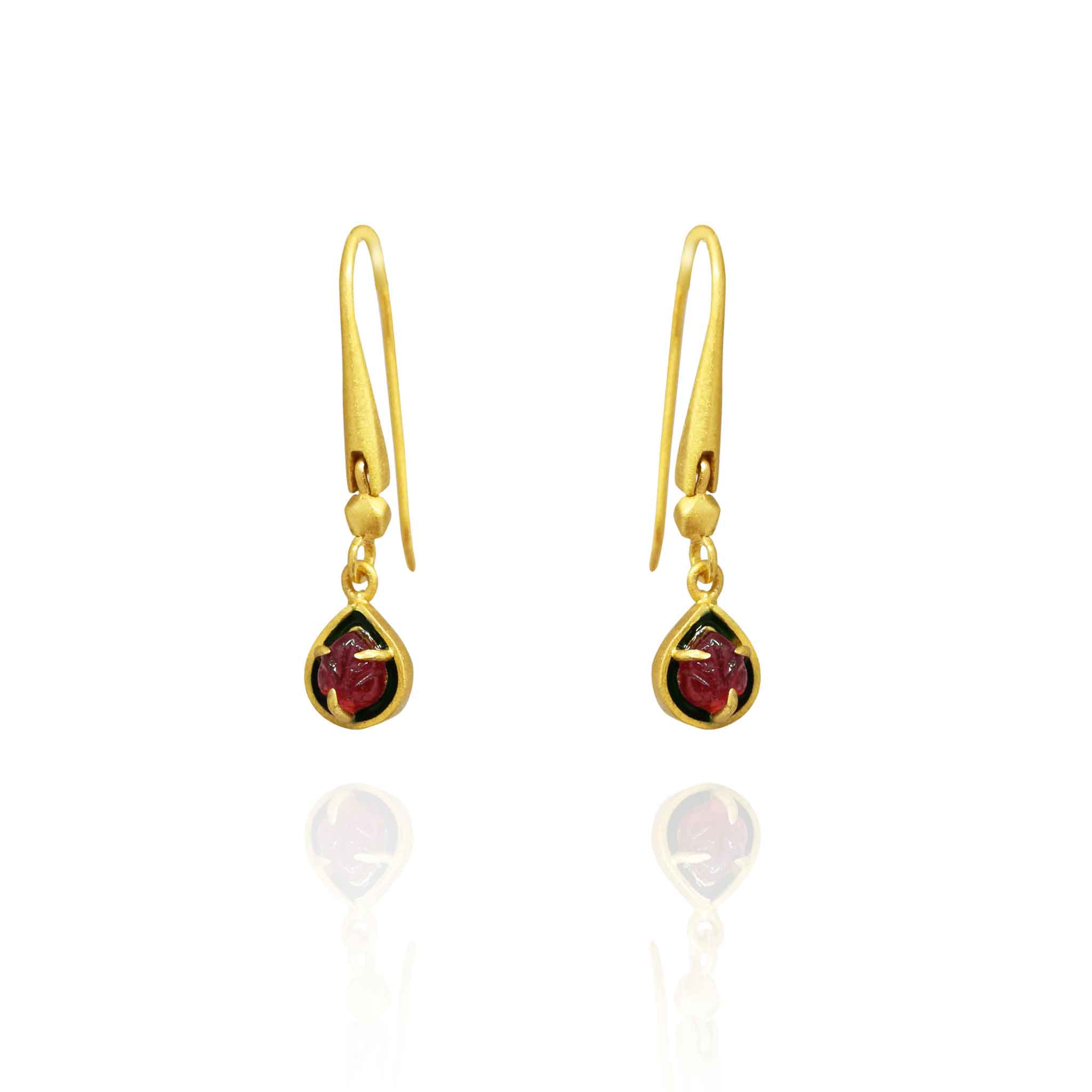 Pink leaf tourmalines with green enamel border earrings